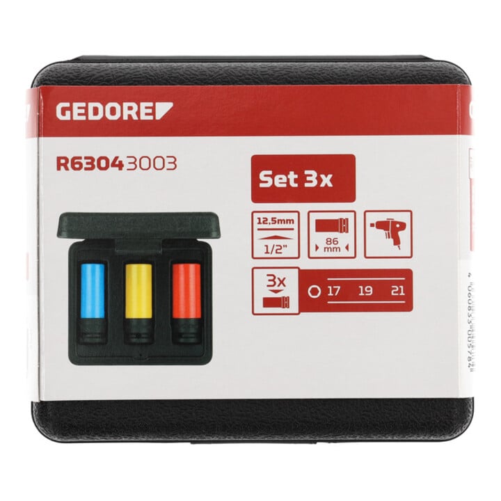 Gedore red Set de clés à douille Kraftschrauber avec douilles de protection, 3 pièces, 17/19/21 mm, butée de profondeur, avec codage couleur, acier chrome-molybdène