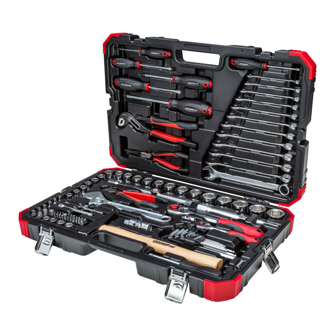 Gedore red Steckschlüsselsatz, 100-teilig, Mit Umschaltknarre, Ratsche, Steckschlüssel und Bitsatz, Hammer, Ringmaulschlüssel und Zangen