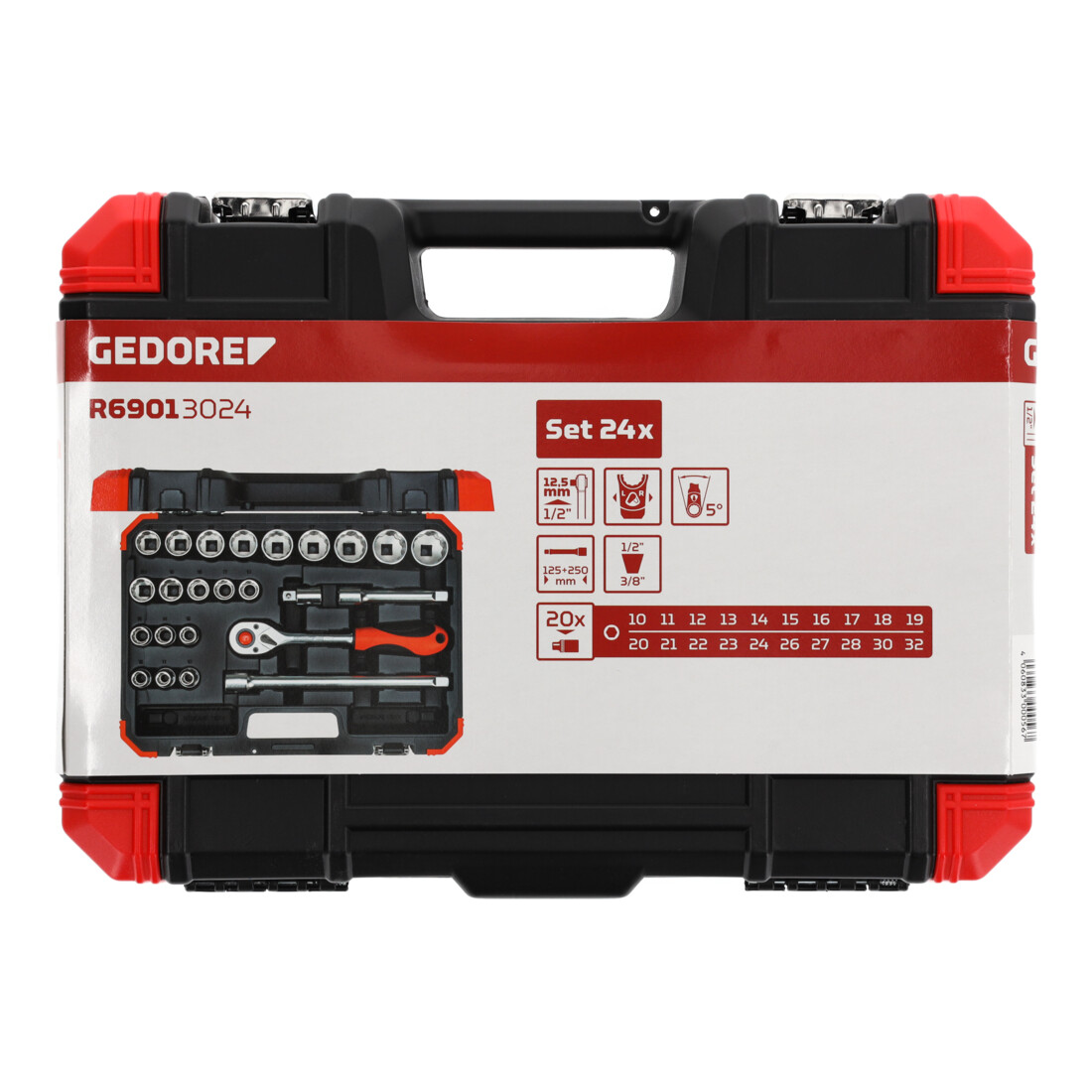 Gedore red Steckschlüsselsatz, 24-teilig, Mit Umschaltknarre, Ratsche, Steckschlüssel und Bitsatz, 1/2"