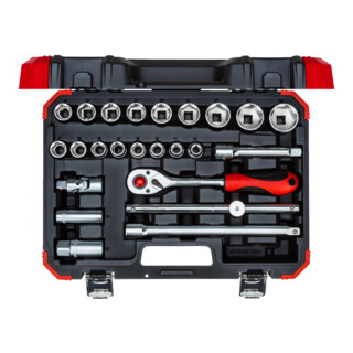 Gedore red Steckschlüsselsatz, 24-teilig, Mit Umschaltknarre, Ratsche, Steckschlüssel- und Zündkerzeneinsatz, 1/2"