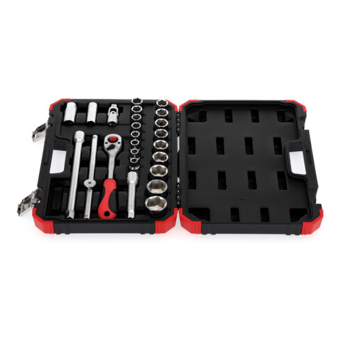 Gedore red Steckschlüsselsatz, 24-teilig, Mit Umschaltknarre, Ratsche, Steckschlüssel- und Zündkerzeneinsatz, 1/2"