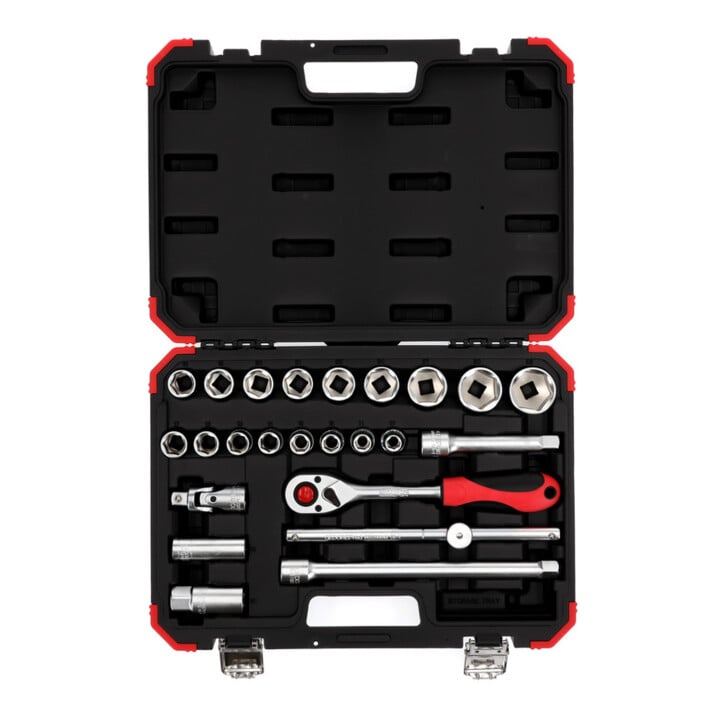 Gedore red Steckschlüsselsatz, 24-teilig, Mit Umschaltknarre, Ratsche, Steckschlüssel- und Zündkerzeneinsatz, 1/2"