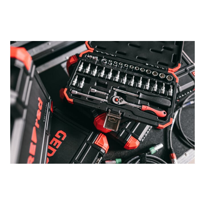 Gedore red Steckschlüsselsatz, 33-teilig, Mit Umschaltknarre, Ratsche, Steckschlüssel und Bitsatz, 1/4"