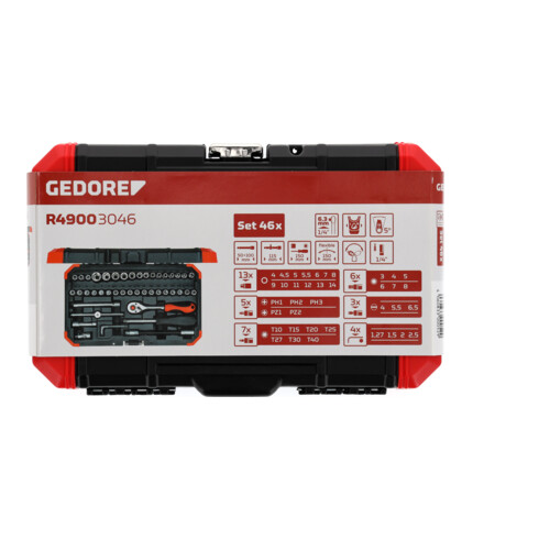 Gedore red Steckschlüsselsatz, 46-teilig, Mit Umschaltknarre, Ratsche, Steckschlüssel und Bitsatz, 1/4"