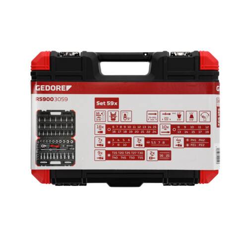 Gedore red Steckschlüsselsatz, 59-teilig, Mit Umschaltknarre, Ratsche, Steckschlüssel und Bitsatz, 3/8"