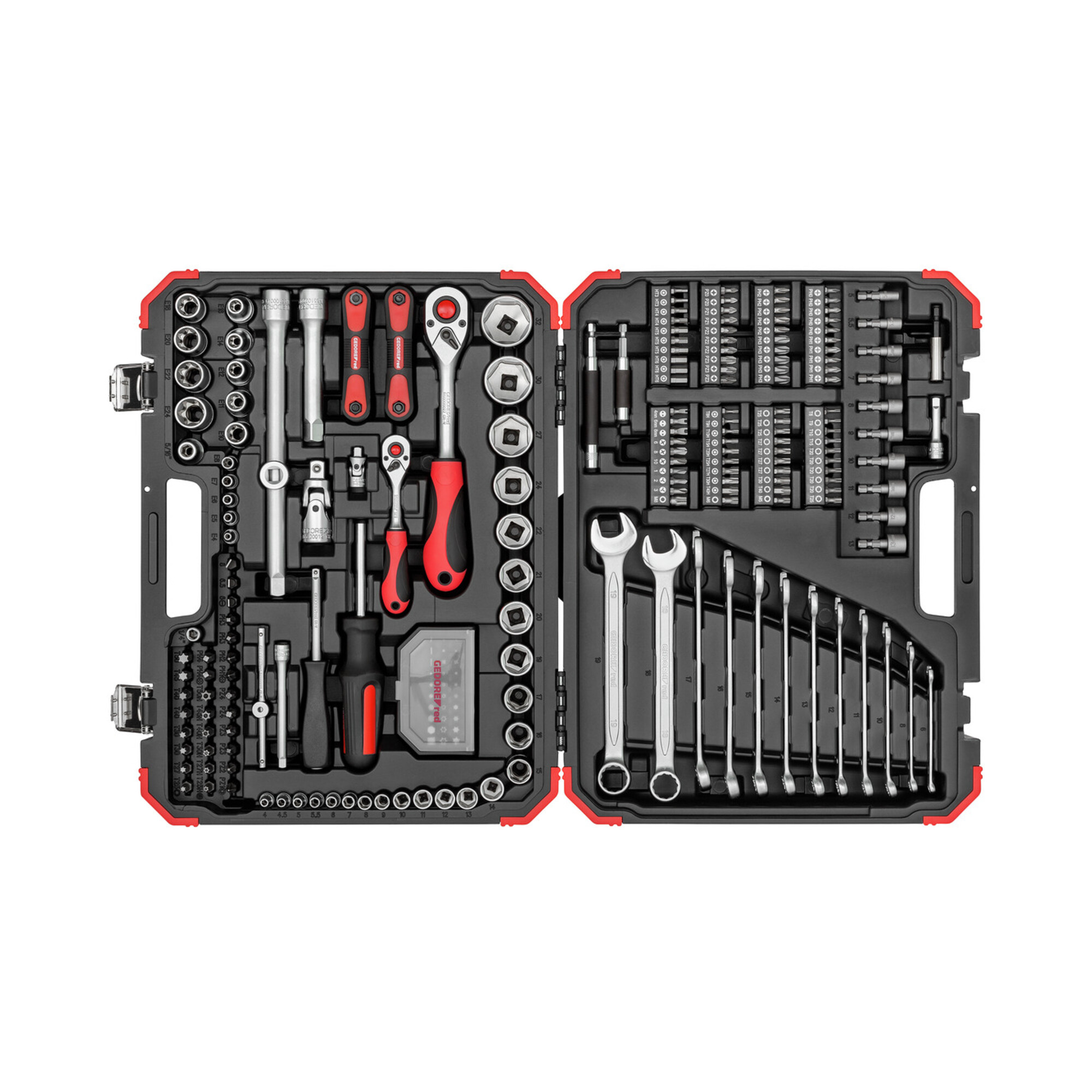 Gedore red Steckschlüsselsatz, Set 232tlg, 1/2 1/4 Zoll Antrieb, Adapter Werkzeug, Knarre Nüsse Bithalter Bits, R46003232