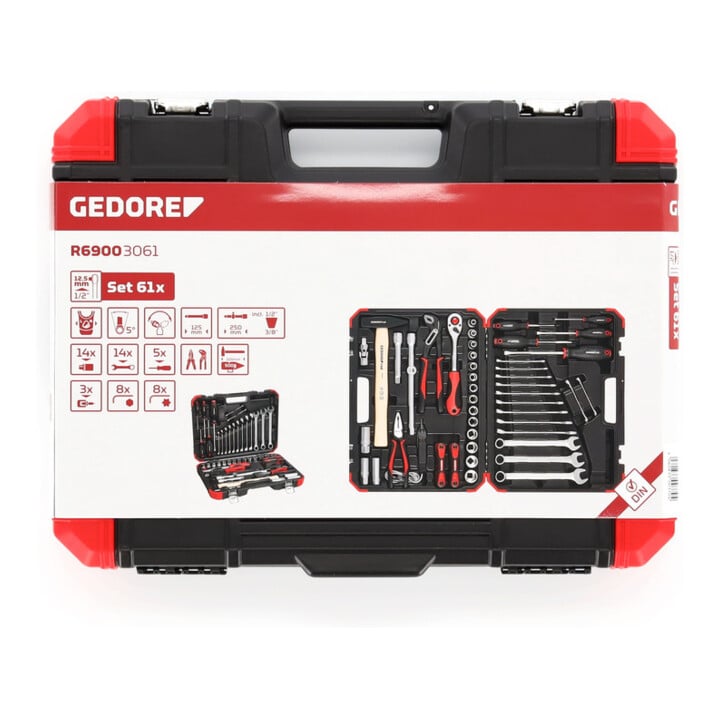 Gedore red Steckschlüsselsatz, Set 61tlg, 12-kant, 1/2 Zoll, 4-13mm, Werkzeug, Knarre Hammer Zange, für KFZ, R69003061