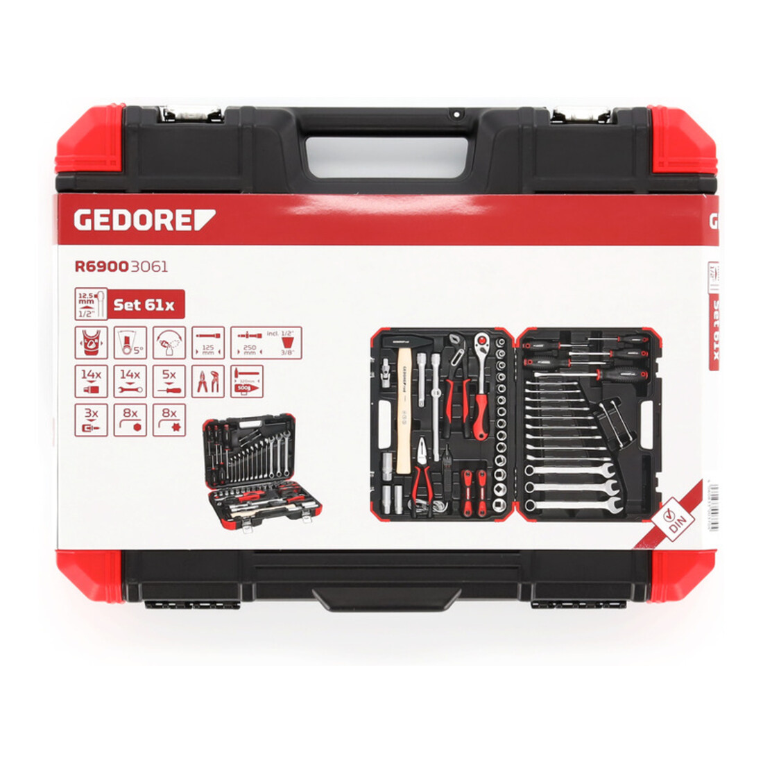 Gedore red Steckschlüsselsatz, Set 61tlg, 12-kant, 1/2 Zoll, 4-13mm, Werkzeug, Knarre Hammer Zange, für KFZ, R69003061