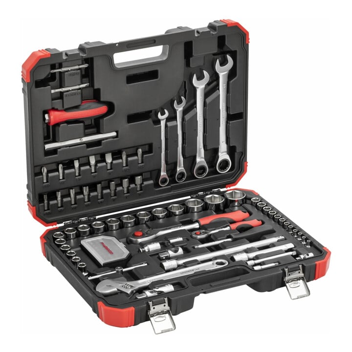 Gedore red Steckschlüsselsatz, Set 97tlg, 1/2 1/4 Zoll Antrieb, Adapter Werkzeug, Knarre Nüsse Bithalter Bits, R46003097
