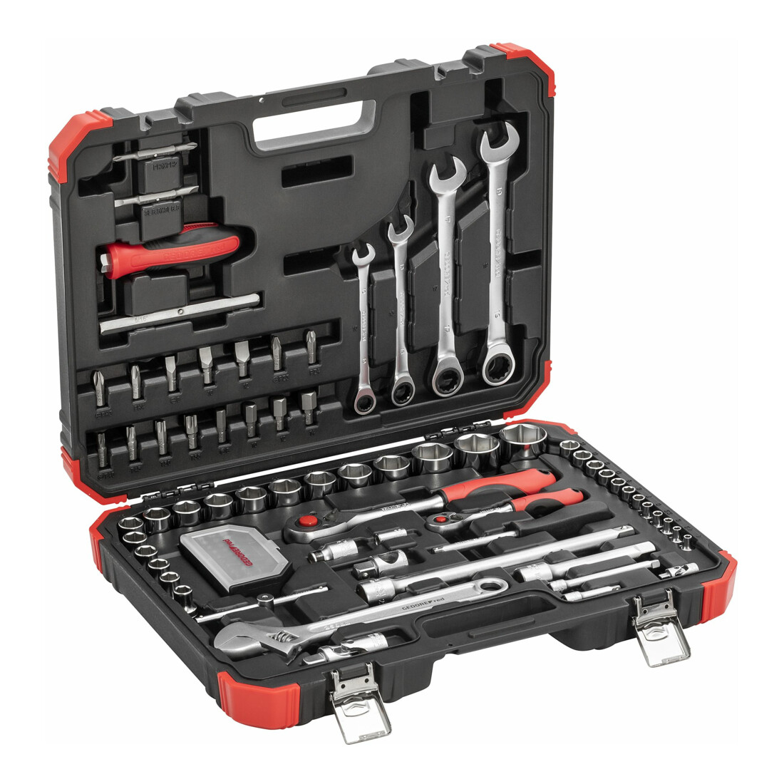 Gedore red Steckschlüsselsatz, Set 97tlg, 1/2 1/4 Zoll Antrieb, Adapter Werkzeug, Knarre Nüsse Bithalter Bits, R46003097