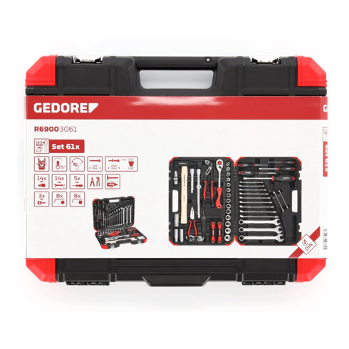 Gedore red Steeksleutelset, set 61-dlg, 12-kant, 1/2 inch, 4-13 mm, gereedschap, ratel hamer tang, voor auto, R69003061
