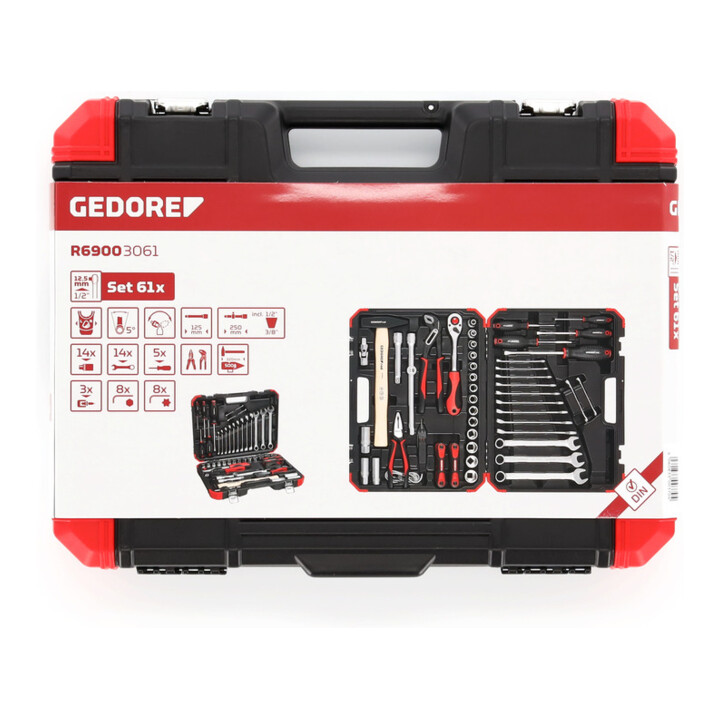Gedore red Steeksleutelset, set 61-dlg, 12-kant, 1/2 inch, 4-13 mm, gereedschap, ratel hamer tang, voor auto, R69003061