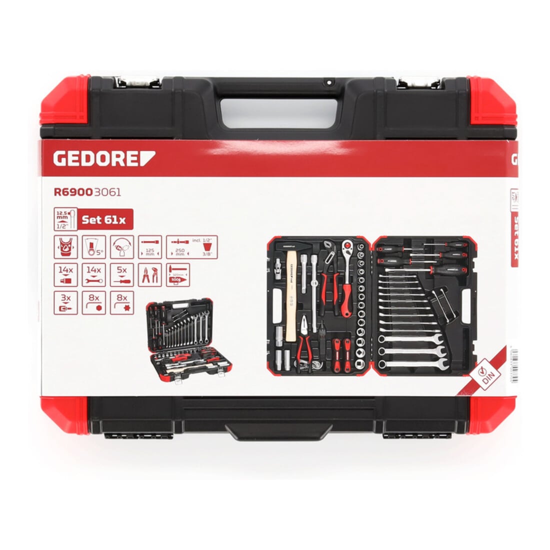 Gedore red Steeksleutelset, set 61-dlg, 12-kant, 1/2 inch, 4-13 mm, gereedschap, ratel hamer tang, voor auto, R69003061