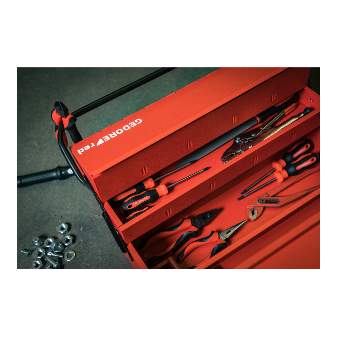 Gedore red Werkzeugkasten, 5 Fächer, groß, leer, Maße (LxBxH): 260x535x210 mm, rot, Stahlblech, Sortierbox, R20600073
