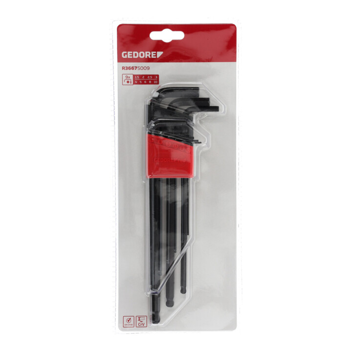 Gedore red Winkelschraubendreher-Satz 9-teilig, lang, für Innensechskant-Schrauben, Kugelkopf, SW 1,5-10 mm, R36675009