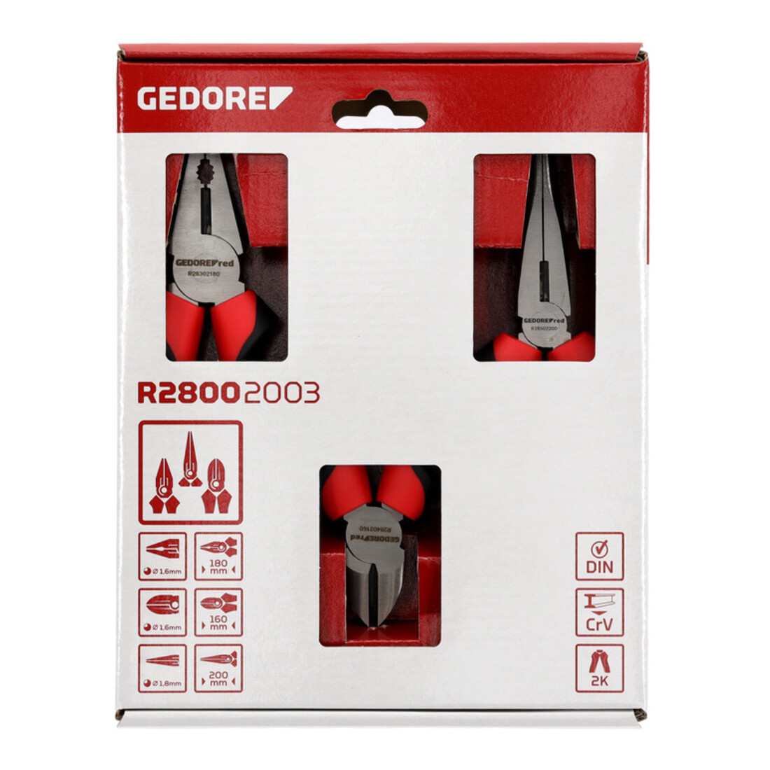 Gedore red Zangen-Satz, Werkzeug-Set mit Kombinationszange/Seitenschneider/Flachrundzange, R28002003