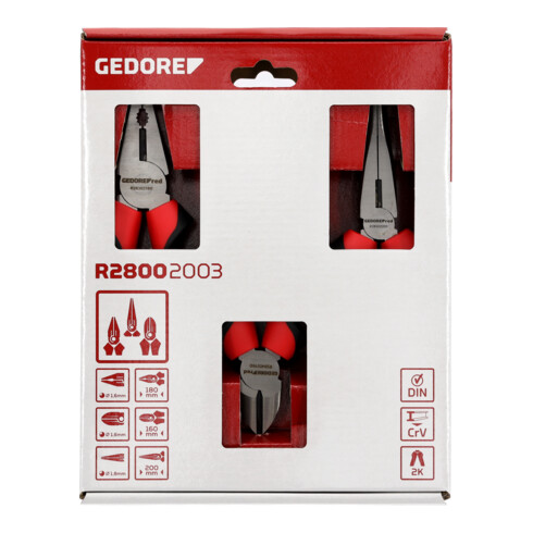 Gedore red Zangen-Satz, Werkzeug-Set mit Kombinationszange/Seitenschneider/Flachrundzange, R28002003