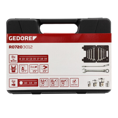 Gedore red Jeu de clés mixtes à cliquet réversible, avec adaptateur, 12 pièces, SW 8-19 mm, coudé, R07203012