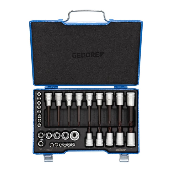 Gedore Schraubendreher-Satz, Set 34-teilig, 1/4 + 1/2 Zoll, Bit-Einsätze, Innen- und Außen-TX, für KFZ, 19 TX 20, Blau