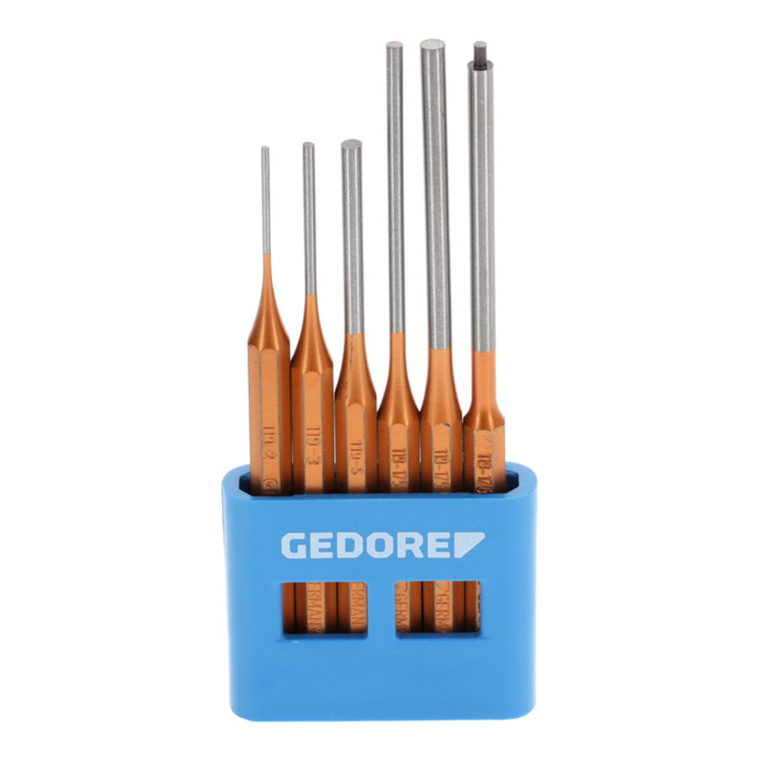 Gedore Set di cacciacotter con supporto in PVC, 6 pezzi, forma lunga, acciaio/verniciato, argento/rame