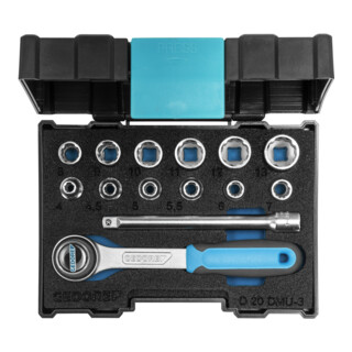 Gedore Set di chiavi a bussola, 14 pz, 12 facce, 1/4", 4-13mm, cricchetto, leva di inversione, per auto, D20 DMU 3