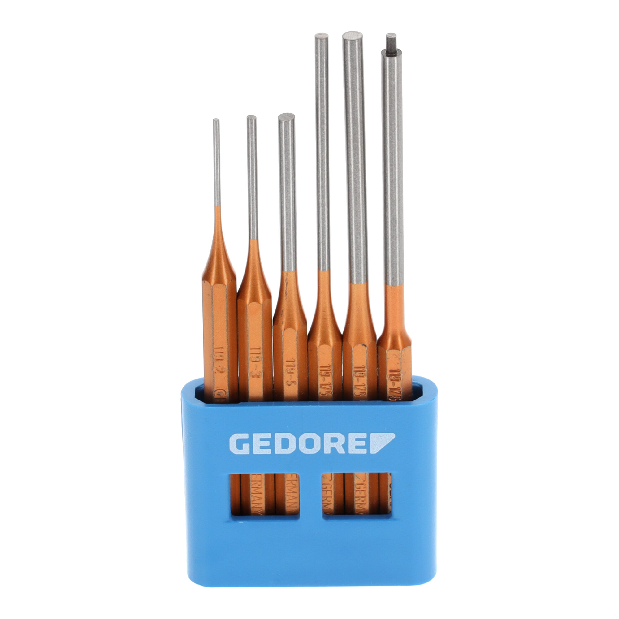 Gedore Splinttreiber-Satz inkl. PVC-Halter, 6-teilig, lange Form, Stahl/Lackierung, Silber/Kupfer