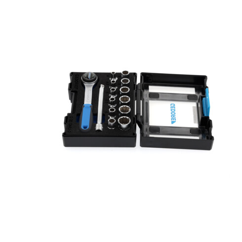 Gedore Steckschlüsselsatz, Set 14tlg,12-kant, 1/4 Zoll, 4-13mm, Werkzeug, Knarre Umschalthebel, für KFZ, D20 DMU 3