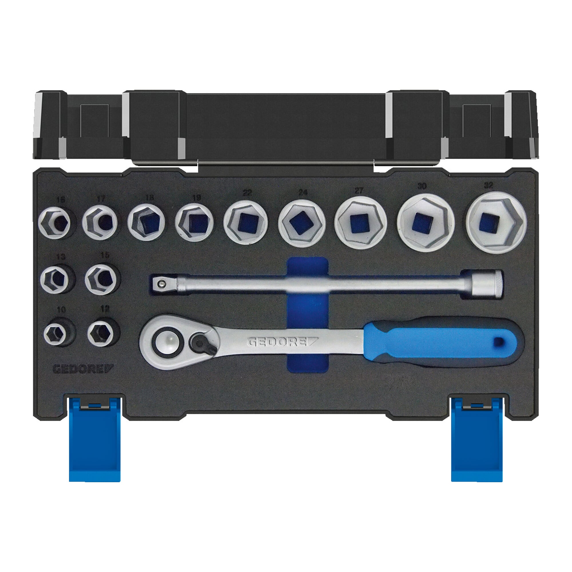Gedore Steckschlüsselsatz, Set 15-teilig, 1/2 Zoll, Werkzeug, Nüsse Knarre Bits, für KFZ, 19 DMU 20, Blau