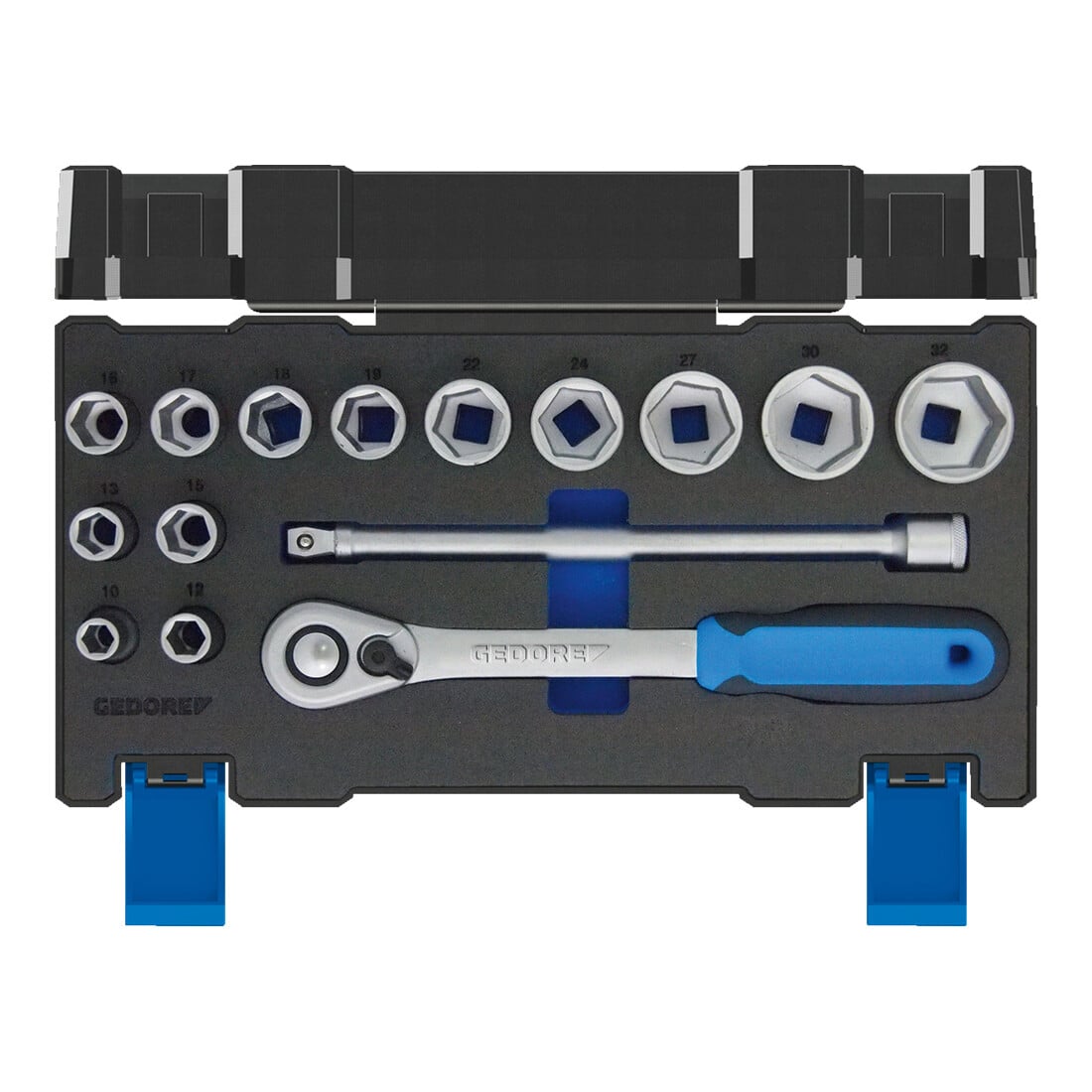 Gedore Steckschlüsselsatz, Set 15-teilig, 1/2 Zoll, Werkzeug, Nüsse Knarre Bits, für KFZ, 19 DMU 20, Blau