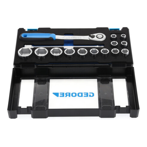 Gedore Steckschlüsselsatz, Set 15-teilig, 1/2 Zoll, Werkzeug, Nüsse Knarre Bits, für KFZ, 19 DMU 20, Blau