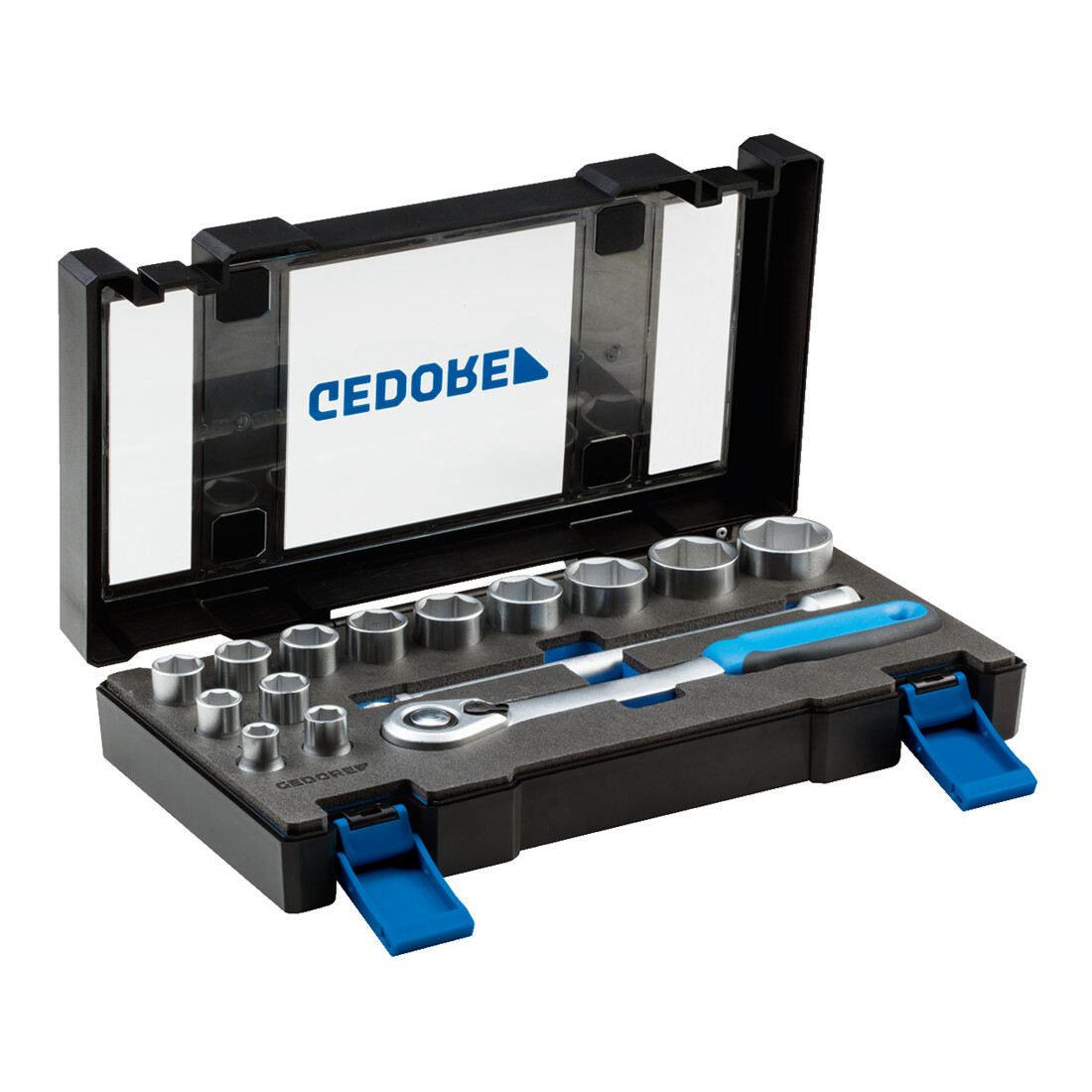 Gedore Steckschlüsselsatz, Set 15-teilig, 1/2 Zoll, Werkzeug, Nüsse Knarre Bits, für KFZ, 19 DMU 20, Blau