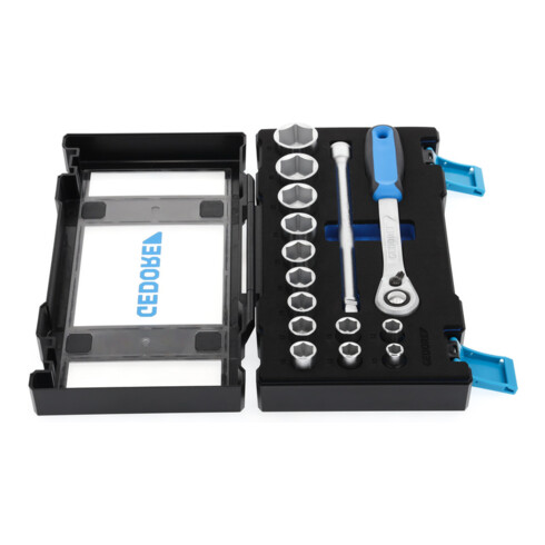 Gedore Steckschlüsselsatz, Set 15-teilig, 1/2 Zoll, Werkzeug, Nüsse Knarre Bits, für KFZ, 19 DMU 20, Blau