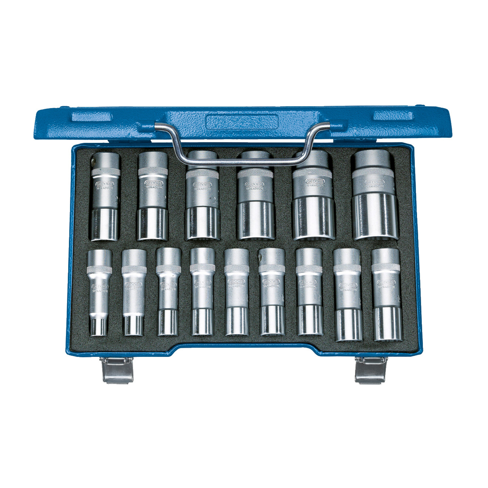 Gedore Steckschlüsselsatz, Set 15tlg, Doppel 6-kant, 1/2 Zoll, 10-24mm, Werkzeug, Knarre Umschalthebel, für KFZ, D19 KMU-20