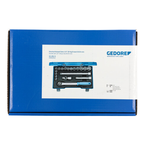 Gedore Steckschlüsselsatz, Set 19-teilig, 6-kant, 1/2 Zoll, 8-24mm, Werkzeug, Nüsse Knarre, für KFZ, 19 JMU 3