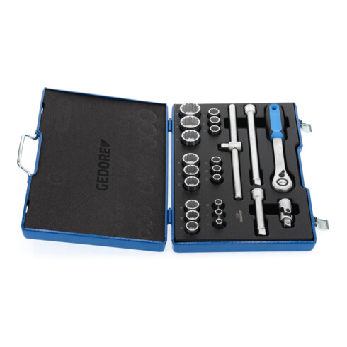 Gedore Steckschlüsselsatz, Set 23tlg, Doppel 6-kant, 1/2 Zoll, 8-24mm, Werkzeug, Knarre Umschalthebel, für KFZ, D19 EMU 20