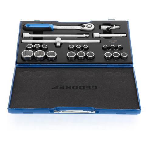 Gedore Steckschlüsselsatz, Set 23tlg, Doppel 6-kant, 1/2 Zoll, 8-24mm, Werkzeug, Knarre Umschalthebel, für KFZ, D19 EMU 20
