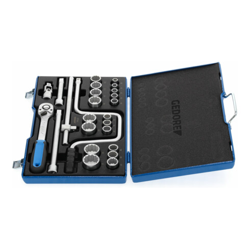 Gedore Steckschlüsselsatz, Set 25tlg, 6-/12-kant, 1/2 Zoll, 10-32mm, Werkzeug, Knarre Umschalthebel, für KFZ, D19 TMU 10