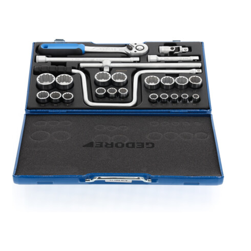 Gedore Steckschlüsselsatz, Set 25tlg, 6-/12-kant, 1/2 Zoll, 10-32mm, Werkzeug, Knarre Umschalthebel, für KFZ, D19 TMU 10