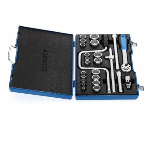 Gedore Steckschlüsselsatz, Set 25tlg, 6-/12-kant, 1/2 Zoll, 10-32mm, Werkzeug, Knarre Umschalthebel, für KFZ, D19 TMU 10