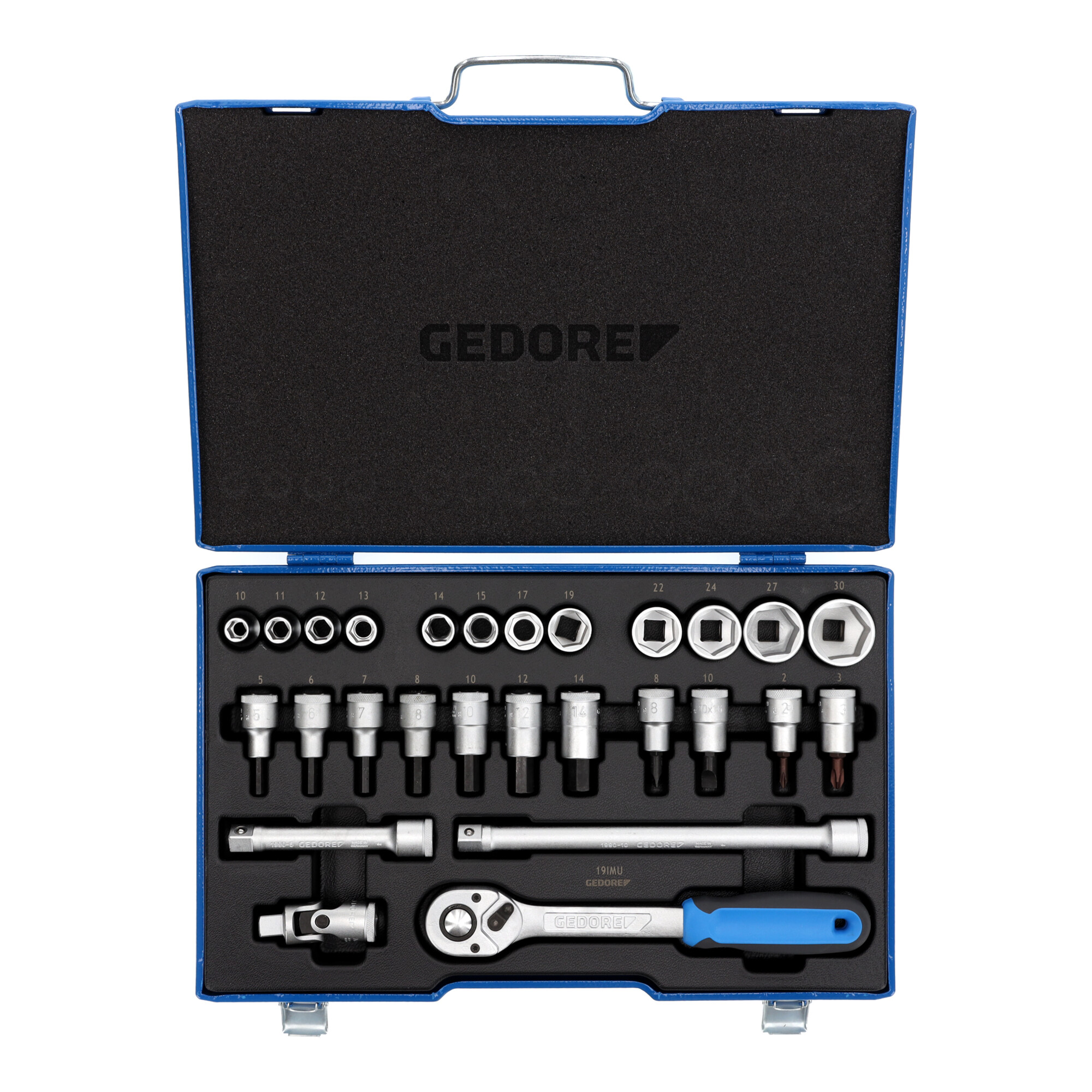 Gedore Steckschlüsselsatz, Set 27-teilig, 6-kant, 1/2 Zoll, 10-32mm, Werkzeug, Nüsse Knarre, für KFZ, 19 IMU 10