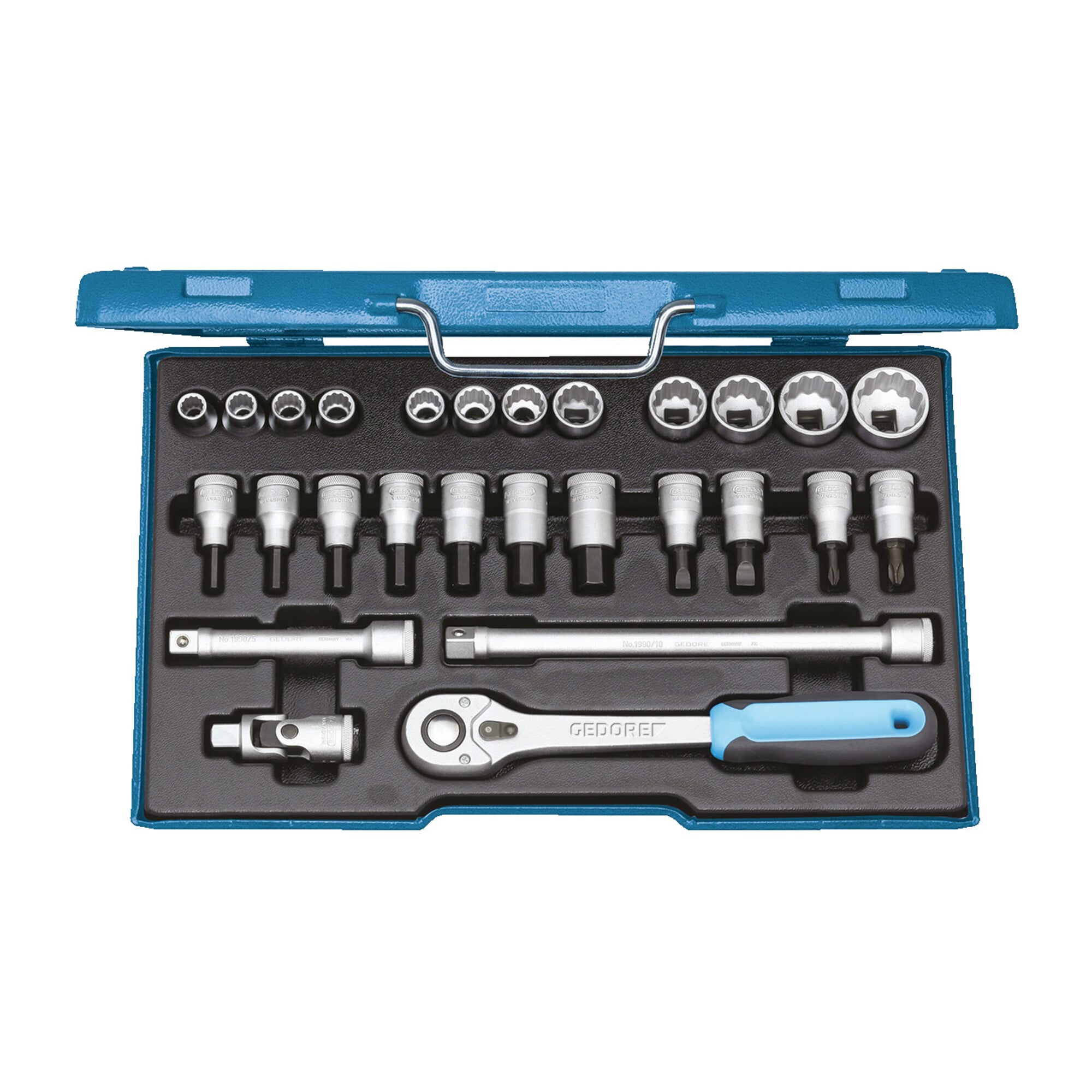 Gedore Steckschlüsselsatz, Set 27tlg, 6-/12-kant, 1/2 Zoll, 10-30mm, Werkzeug, Knarre Umschalthebel, für KFZ, D19 IMU 10