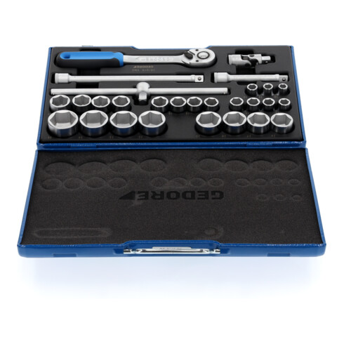 Gedore Steckschlüsselsatz, Set 28-teilig, 6-kant, 1/2 Zoll, 10-36mm, Werkzeug, Nüsse Knarre, für KFZ, 19 VMU-10