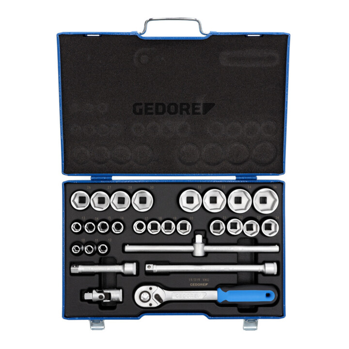 Gedore Steckschlüsselsatz, Set 28-teilig, 6-kant, 1/2 Zoll, 10-36mm, Werkzeug, Nüsse Knarre, für KFZ, 19 VMU-10