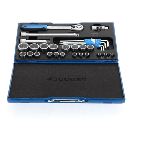 Gedore Steckschlüsselsatz, Set 31tlg,12-kant, 1/2 Zoll, 10-36mm, Werkzeug, Knarre Umschalthebel Inbus, für KFZ, D19 VMU 20