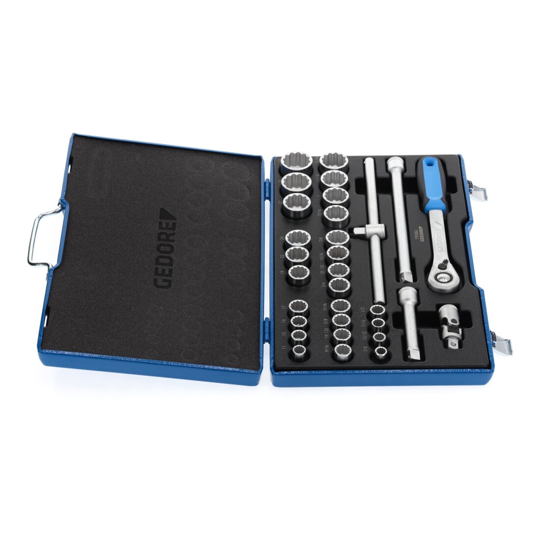 Gedore Steckschlüsselsatz, Set 31tlg,12-kant, 1/2 Zoll, Werkzeug, Knarre Umschalthebel Inbus, für KFZ, D19 XMAU 20