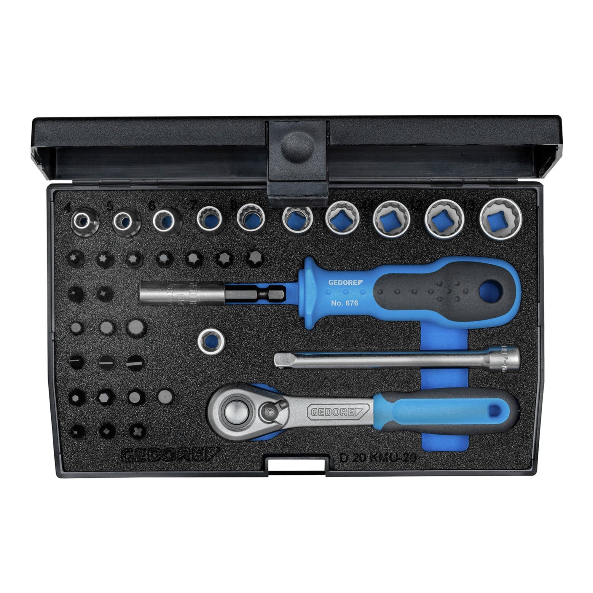 Gedore Steckschlüsselsatz, Set 37tlg, 6-kant, 1/4 Zoll, Werkzeug, Knarre Umschalthebel Bits, für KFZ, D20 KMU 20