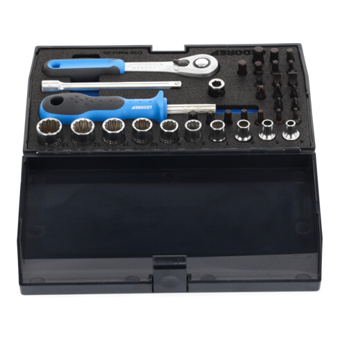Gedore Steckschlüsselsatz, Set 37tlg, 6-kant, 1/4 Zoll, Werkzeug, Knarre Umschalthebel Bits, für KFZ, D20 KMU 20