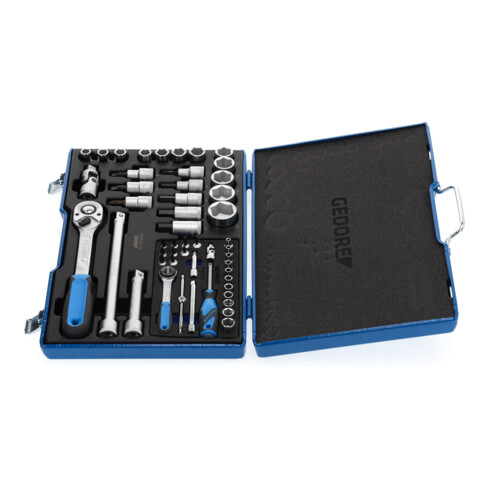 Gedore Steckschlüsselsatz, Set 50-teilig, 1/4 + 1/2 Zoll, Werkzeug, Nüsse Knarre Bits, für KFZ, 19 V20 U10, Blau