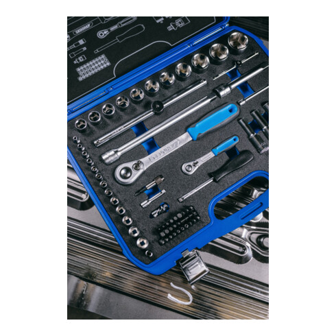 Gedore Steckschlüsselsatz, Set 69-teilig, 1/4 + 1/2 Zoll, Werkzeug, Nüsse Knarre Bits, für KFZ, 19 BMC 20, Blau