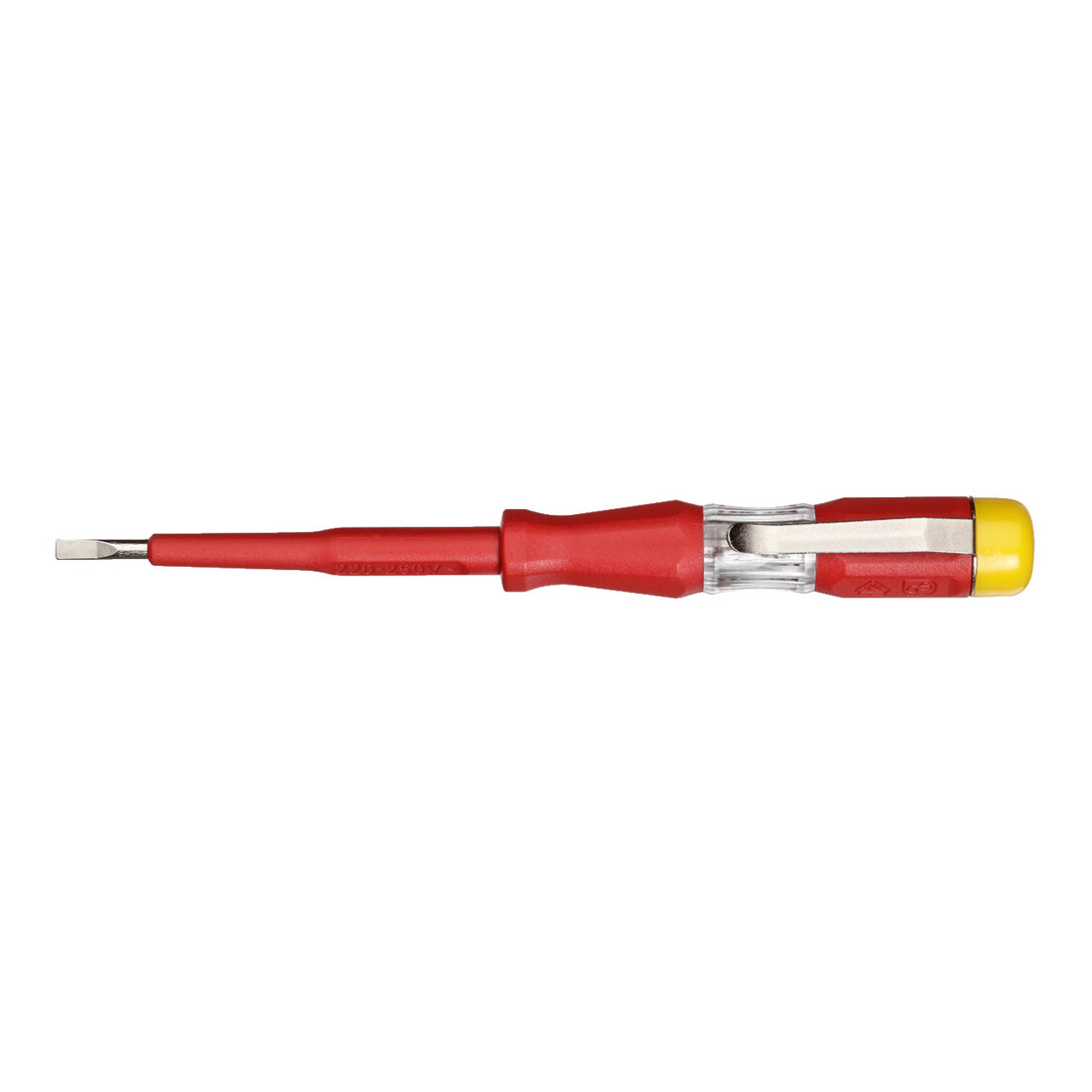 Gedore Testschroevendraaier voor 220-250 Volt wisselspanning, 3 mm klingbreedte, met metalen clip en gele dop